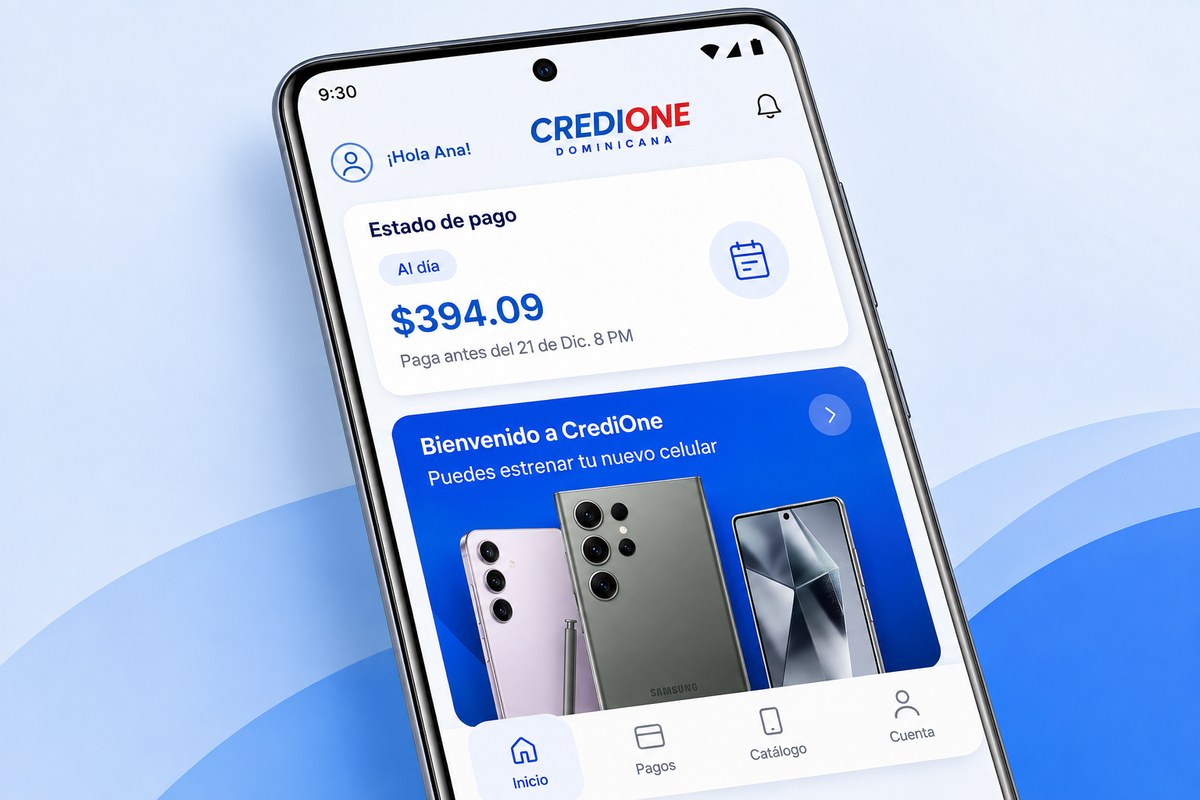 La app de CrediOne mostrando el estado de pago y el catálogo
